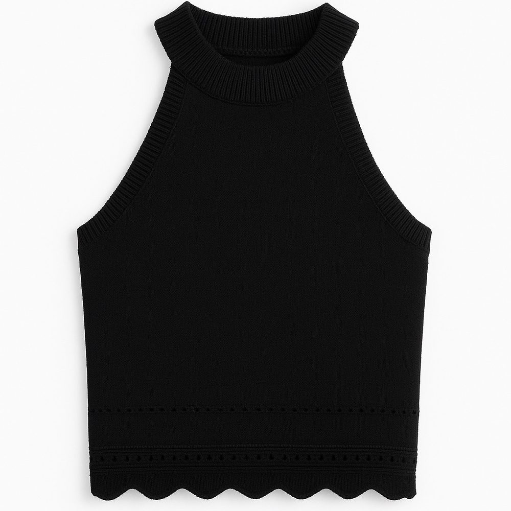 Black Knit Halter Tank Top | Scallop Hem | Size M | Minimalist Chic